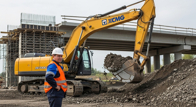 Китайский экскаватор на строительной площадке в России как пример надежной дорожно-строительной техники, работающей без простоев